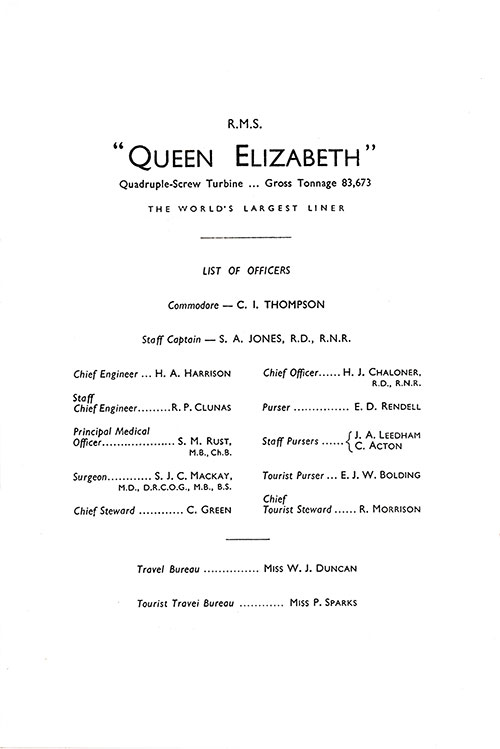 List of Senior Officers and Staff, RMS Queen Elizabeth Tourist Class Passenger List, 23 December 1954.