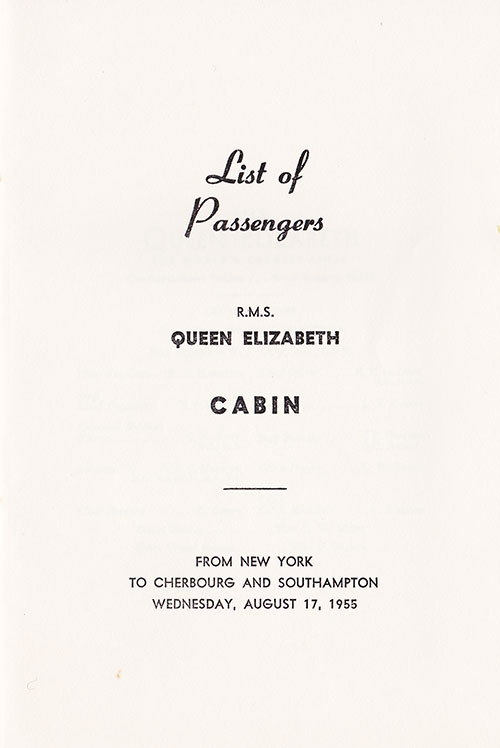 Title Page, RMS Queen Elizabeth Cabin Class Passenger List, 17 August 1955.