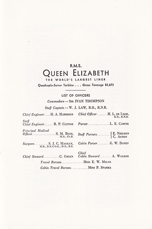 List of Officers, RMS Queen Elizabeth Cabin Class Passenger List, 17 August 1955.