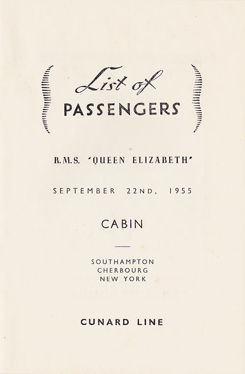 Title Page, RMS Queen Elizabeth Passenger List, 22 September 1955.