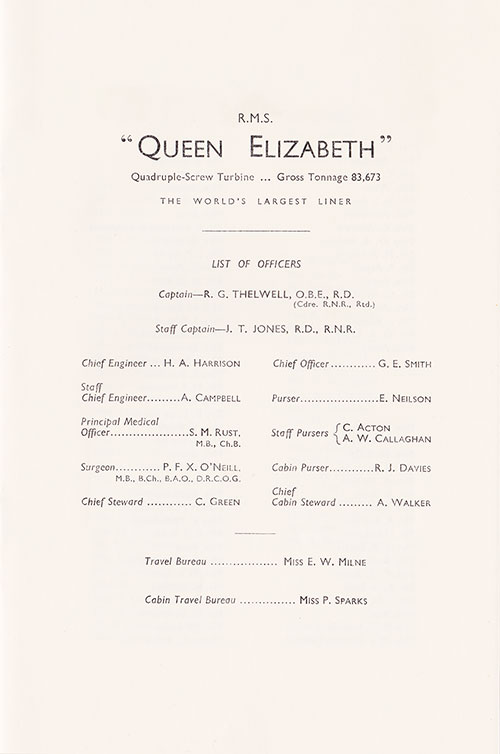 List of Officers, RMS Queen Elizabeth Passenger List, 22 September 1955.