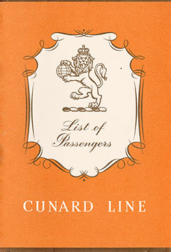 Front Cover of a Cabin Passenger List from the RMS Queen Elizabeth of the Cunard Line, Departing 8 August 1957 from Southampton to New York.