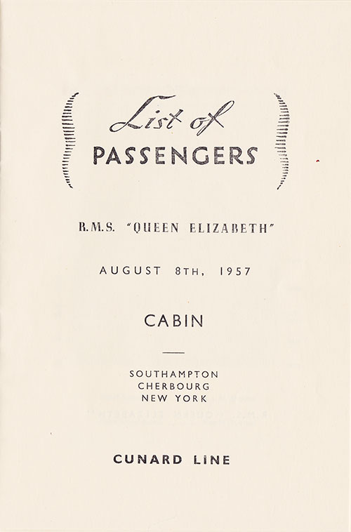 Title Page, RMS Queen Elizabeth Cabin Class Passenger List, 8 August 1957.
