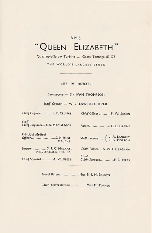 List of Senior Officers and Staff, RMS Queen Elizabeth Cabin Class Passenger List, 8 August 1957.