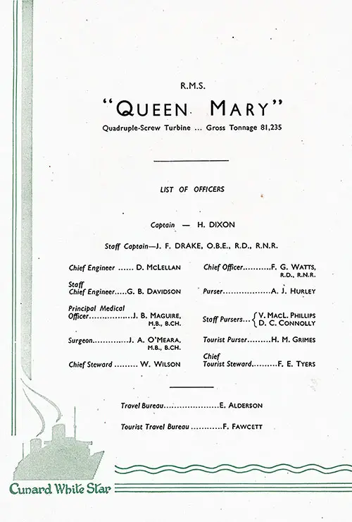List of Officers, RMS Queen Mary, 7 October 1950.