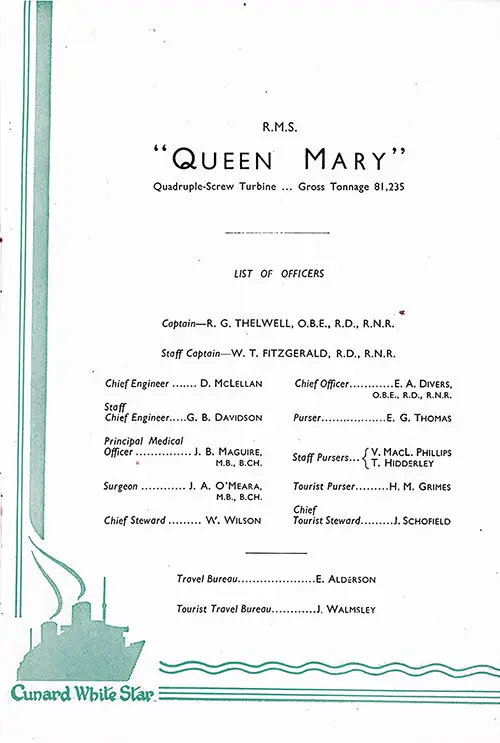 List of Officers, RMS Queen Mary, 15 August 1951.