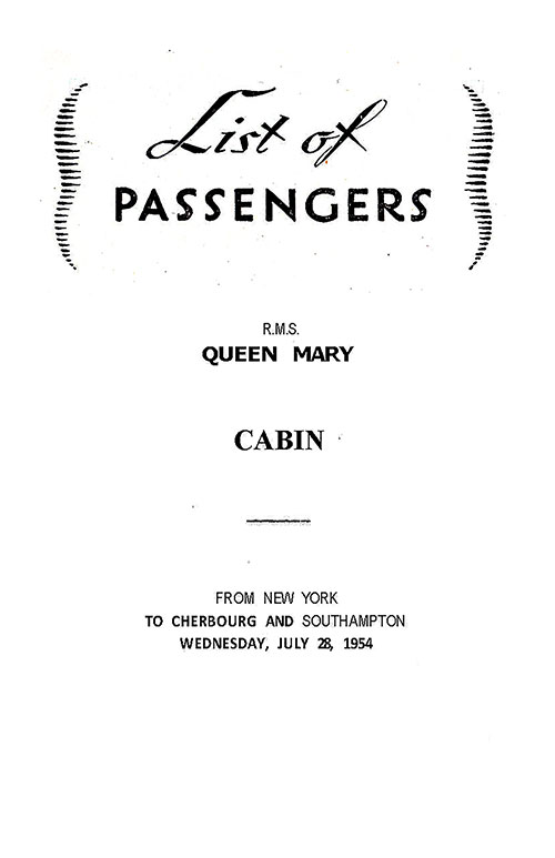 Title Page, RMS Queen Mary Cabin Class Passenger List, 28 July 1954.