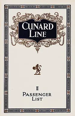 Front Cover of a Second Class Passenger List from the RMS Samaria of the Cunard Line, Departing Thursday, 22 October 1923 from Liverpool to Boston.