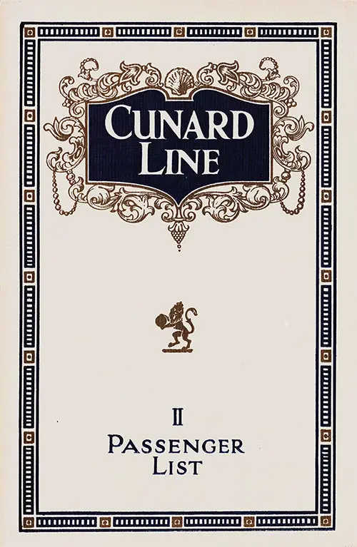 Front Cover of a Second Class Passenger List from the RMS Samaria of the Cunard Line, Departing Thursday, 22 October 1923 from Liverpool to Boston.