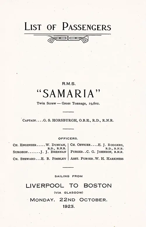 Title Page, RMS Samaria Second Class Passenger List, 22 October 1923.