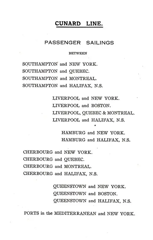 Cunard Line Transatlantic Service Routes, 1923.