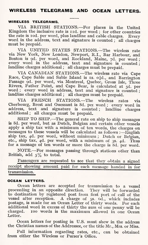 Wireless Telegrams and Ocean Letters, 1923. RMS Samaria Passenger List, 22 October 1923.