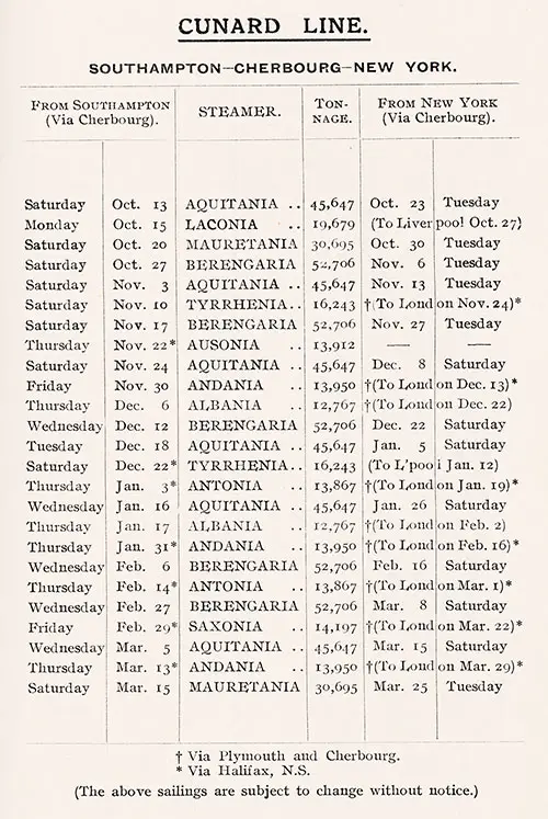 Sailing Schedule, Southampton-Cherbourg-New York, from 13 October 1923 to 25 March 1924.