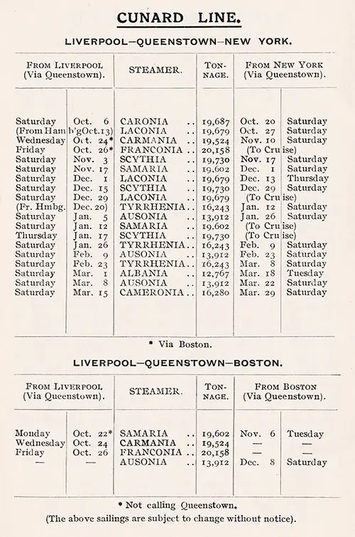 Sailing Schedule, Liverpool-Queenstown (Cobh)-New York and Liverpool-Queenstown (Cobh)-Boston, from 6 October 1923 to 29 March 1924.