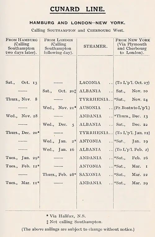 Sailing Schedule, Hamburg-London-Southampton-New York and New York-Plymouth-Cherbourg-London-Hamburg, from 13 October 1923 to 29 March 1924.