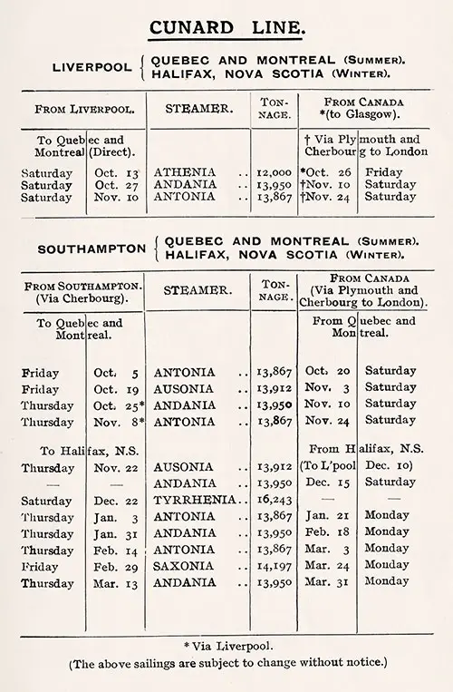 Sailing Schedule, Liverpool or Southampton to Canadian Ports, From 5 October 1923 to 31 March 1924.