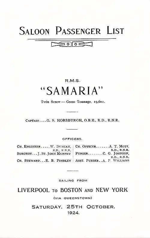 Title Page, RMS Samaria Saloon Passenger List, 25 October 1924.