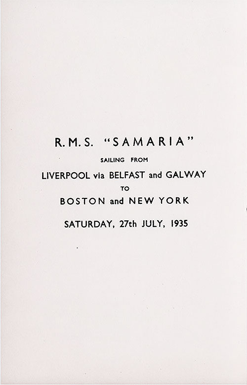 Title Page, RMS Samaria Third Class Passenger List, 27 July 1935.