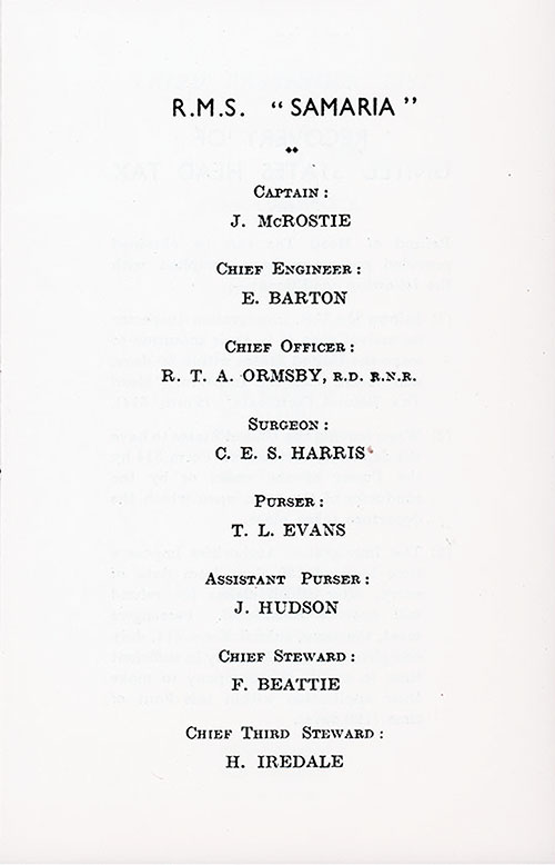 Senior Officers and Staff, RMS Samaria Third Class Passenger List, 27 July 1935.