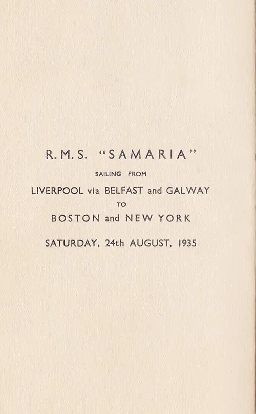 Title Page, RMS Samaria Third Class Passenger List, 24 August 1935.