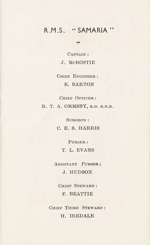 Senior Officers and Staff, RMS Samaria Third Class Passenger List, 24 August 1935.