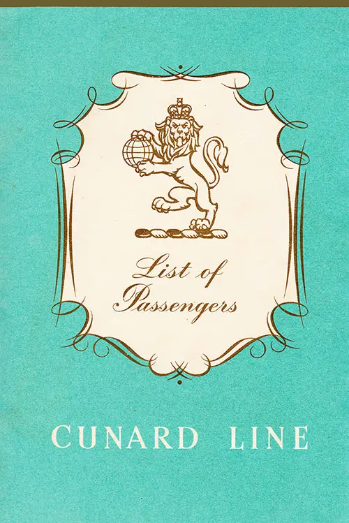 Front Cover of a Tourist Class Passenger List from the RMS Saxonia of the Cunard Line, Departing 27 July 1960 from Southampton to Québec and Montréal.