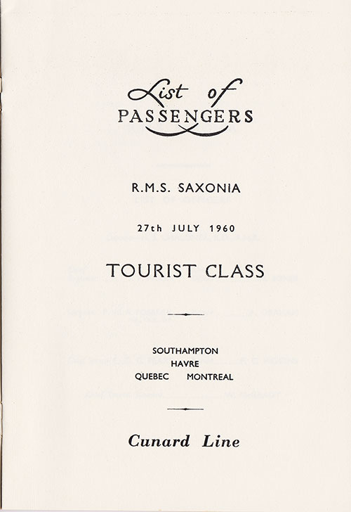 Title Page, RMS Saxonia Tourist Class Passenger List, 27 July 1960.