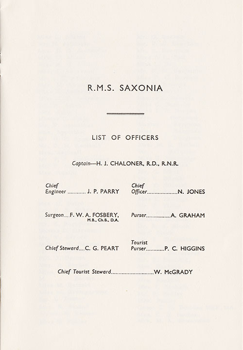 Listing of Senior Officers and Staff, RMS Saxonia Tourist Class Passenger List, 27 July 1960.