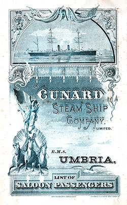 Front Cover of a Saloon Passenger List from the RMS Umbria of the Cunard Line, Departing 9 June 1888 from Liverpool to New York.