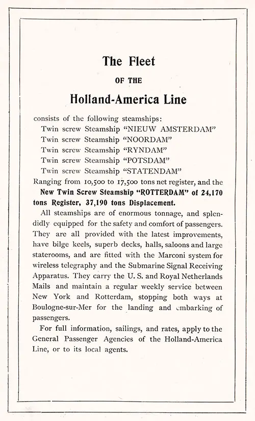 Holland-America Line Fleet List, 1908.