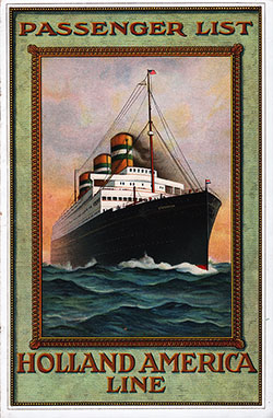 Front Cover of a Cabin Passenger List for the TSS Nieuw Amsterdam of the Holland-America Line, Departing 29 May 1915 from Rotterdam to New York