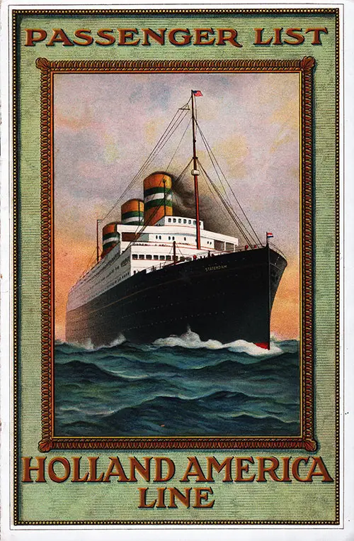 Front Cover of a Cabin Passenger List for the TSS Nieuw Amsterdam of the Holland-America Line, Departing 29 May 1915 from Rotterdam to New York