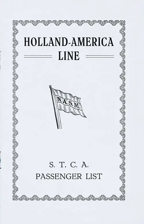 Front Cover of a Passenger List for Student Third Cabin Association Members on the TSS Nieuw Amsterdam of the Holland-America Line, Departing 13 August 1929 from Rotterdam to Halifax and New York