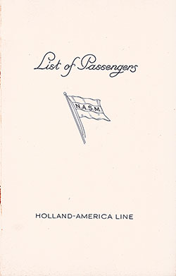 Front Cover of a Cabin, Tourist, and Third Class Passenger List for the TSS Nieuw Amsterdam of the Holland-America Line, Departing 27 August 1938 from Rotterdam to New York
