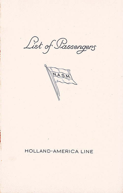 Front Cover of a Cabin, Tourist, and Third Class Passenger List for the TSS Nieuw Amsterdam of the Holland-America Line, Departing 27 August 1938 from Rotterdam to New York