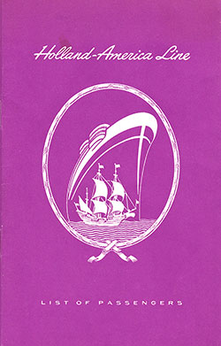 Front Cover of a First, Cabin, and Tourist Class Passenger List from the TSS Nieuw Amsterdam of the Holland-America Line, Departing Saturday, 11 December 1948 from Rotterdam to New York.