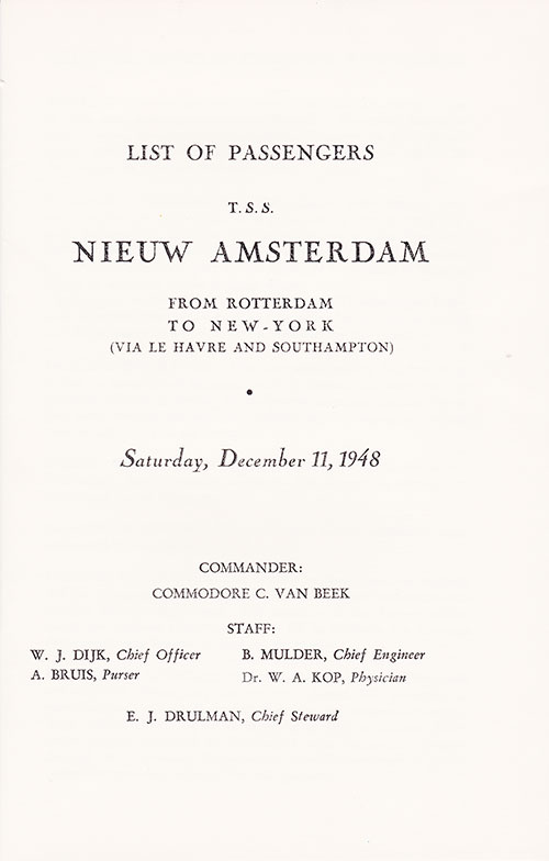 Title Page, TSS Nieuw Amsterdam First, Cabin, and Tourist Class Passenger List, 11 December 1948.