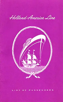 Front Cover of a First, Cabin, and Tourist Class Passenger List from the SS Nieuw Amsterdam of the Holland-America Line, Departing 12 July 1949 from Rotterdam to New York.