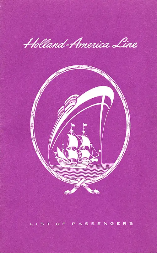 Front Cover of a First, Cabin, and Tourist Class Passenger List from the SS Nieuw Amsterdam of the Holland-America Line, Departing 12 July 1949 from Rotterdam to New York.