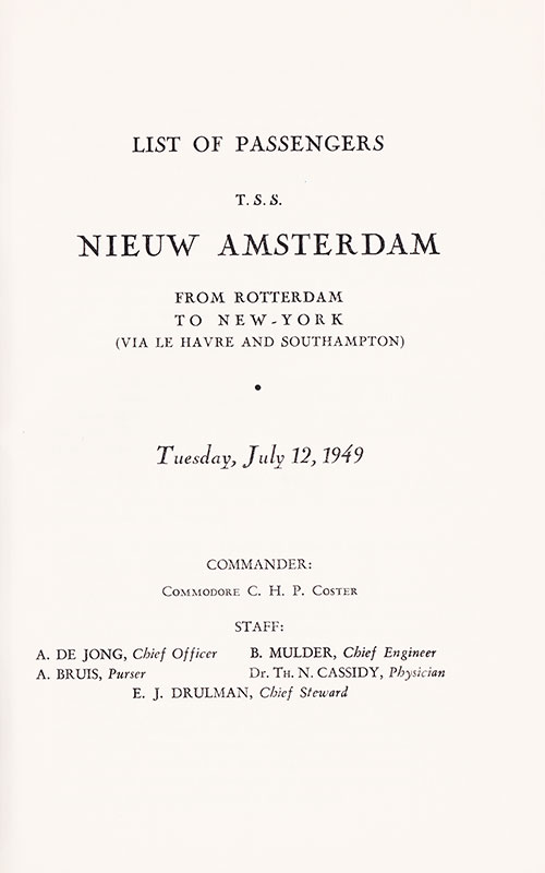 Title Page, TSS Nieuw Amsterdam First, Cabin, and Tourist Class Passenger List, 12 July 1949.