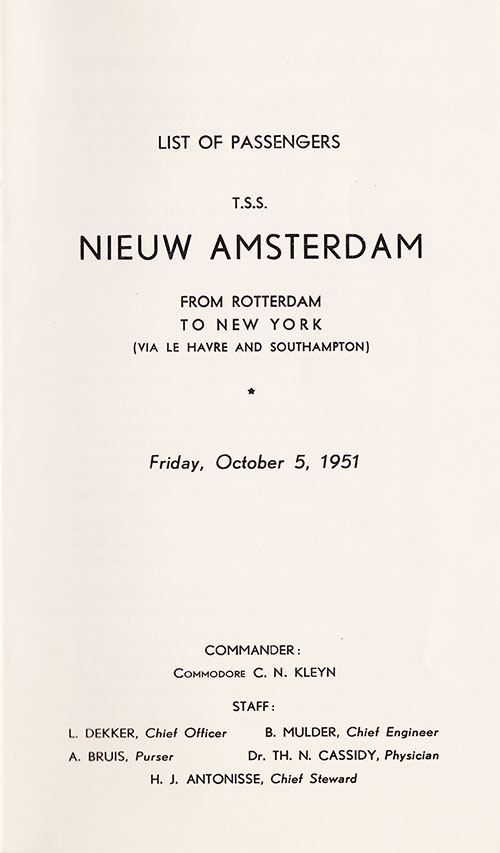 Title Page, TSS Nieuw Amsterdam First, Cabin, and Tourist Class Passenger List, 5 October 1951.