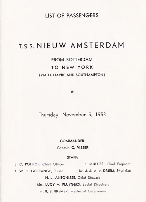 Title Page with List of Senior Officers and Staff, TSS Nieuw Amsterdam First, Cabin, and Tourist Class Passenger List, 5 November 1953.