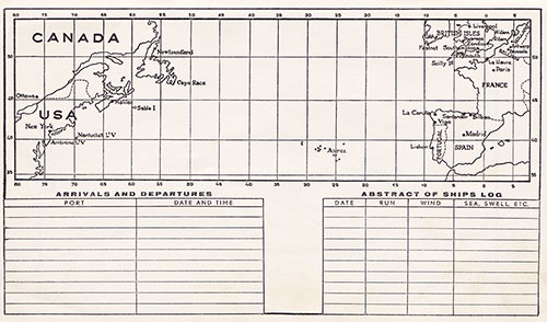 Track Chart, Table of Arrivals and Departures, and Abstract of Ships Log (Unused), TSS Nieuw Amsterdam Passenger List, 5 November 1953.