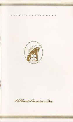 GGA Image ID # 1f72777821 Front Cover of a First Class, Cabin, and Tourist Class Passenger List from the TSS Nieuw Amsterdam of the Holland-America Line, Departing 8 October 1954 from Rotterdam to New York.