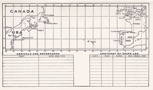 Track Chart, Table of Arrivals and Departures, and Abstract of Ships Log (Unused), TSS Nieuw Amsterdam Passenger List, 8 October 1954.