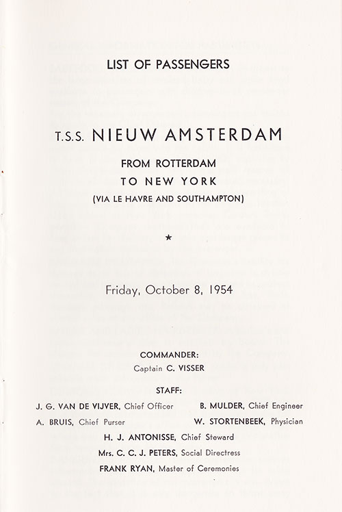 Title Page with List of Senior Officers and Staff, TSS Nieuw Amsterdam First, Cabin, and Tourist Class Passenger List, 8 October 1954.
