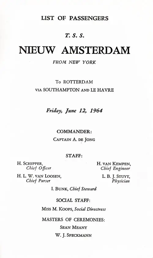 Title Page Including Senior Officers and Staff, TSS Nieuw Amsterdam First and Tourist Class Passenger List, 12 June 1964.