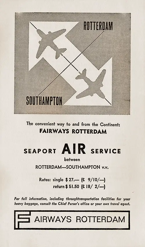 Advertisement: Fairways Rotterdam Seaport Air Service, 1964.