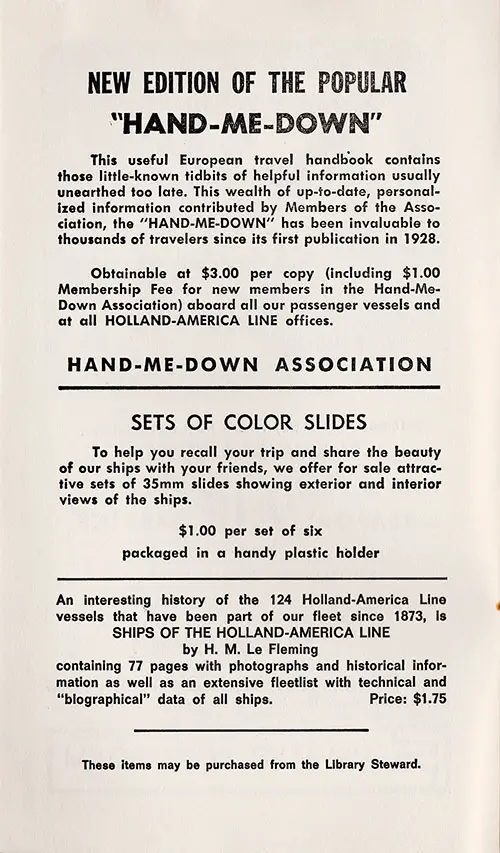 Advertisement: Books and Slides Available from the Library Steward, 1964.