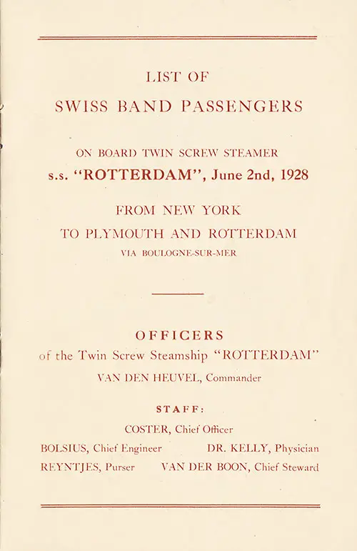 Title Page, SS Rotterdam Swiss Band Passenger List, 2 June 1928.